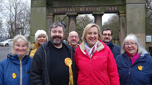 Lisa Smart with Liberal Democrat campaigners at Woodbank Park