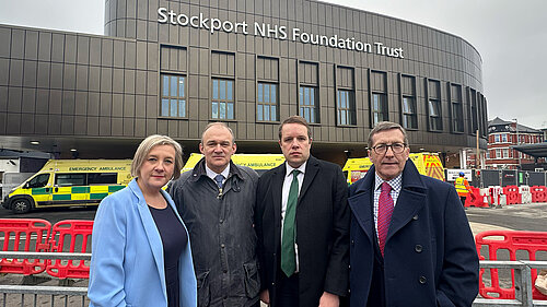 Lisa Smart MP, Sir Ed Davey, Stockport council leader Mark Hunter and Tom Morrison MP at Stepping Hill Hospital