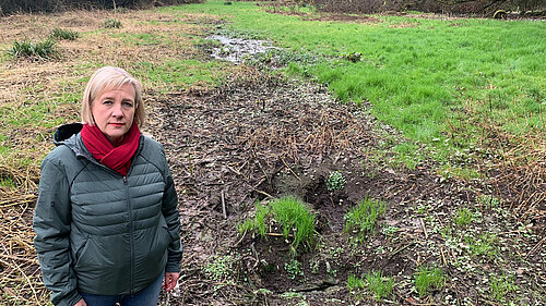 Lisa Smart surveys the land damaged by the sewage